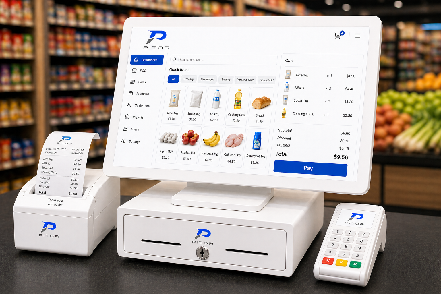 Pitor POS Terminal — monitor, cash drawer, receipt printer and barcode scanner